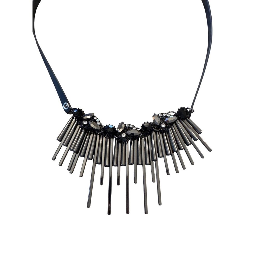 White House Black Market Necklace Black Statement Bib Leather Strap Rhinestone